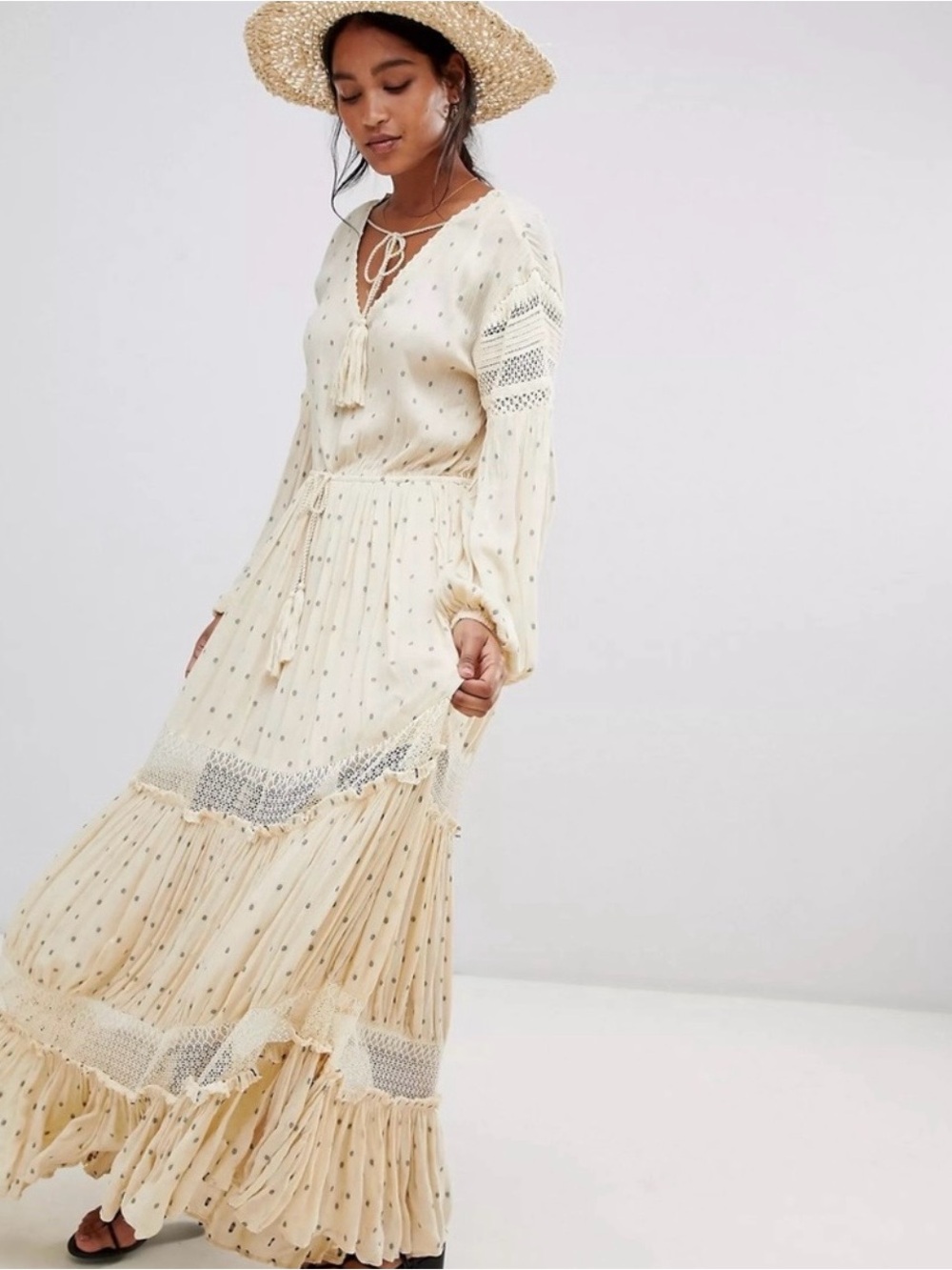 Free People Cream Tiered Maxi Dress with Tassel Tie and Lace Insets